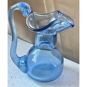 Blenko Handblown Blue Glass Pitcher Vase Elegant Handle Fluted Lip VTG Gift READ